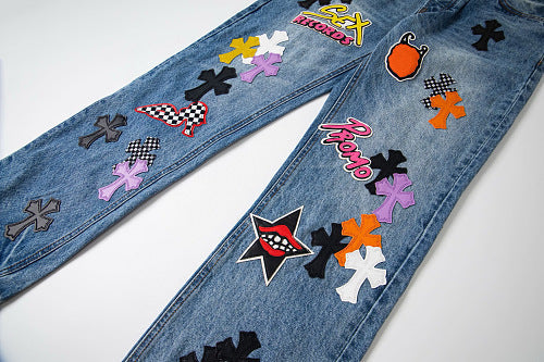 Chrome Hearts Sex Octopus Multi-logo Patchwork Washed Jeans 844