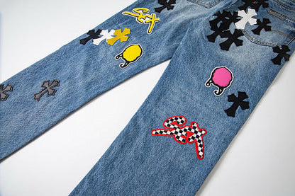 Chrome Hearts Sex Octopus Multi-logo Patchwork Washed Jeans 844