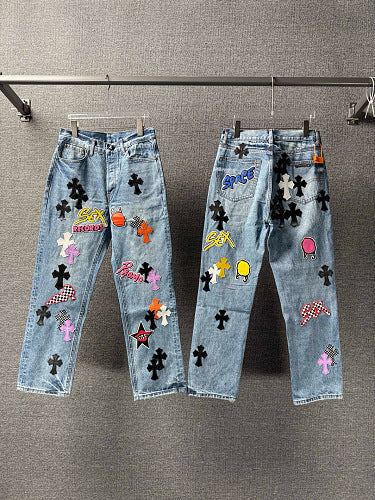 Chrome Hearts Sex Octopus Multi-logo Patchwork Washed Jeans 844