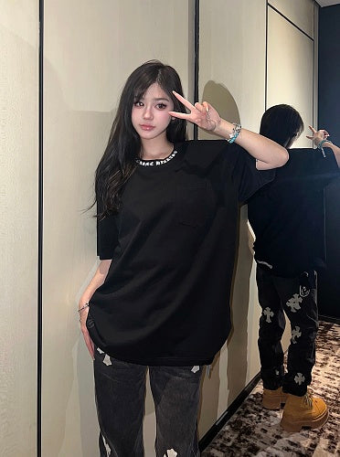 Chrome Hearts Seven-Color Short-Sleeve T-Shirt with Sanskrit Watch Pocket and Letter Print on Neckline