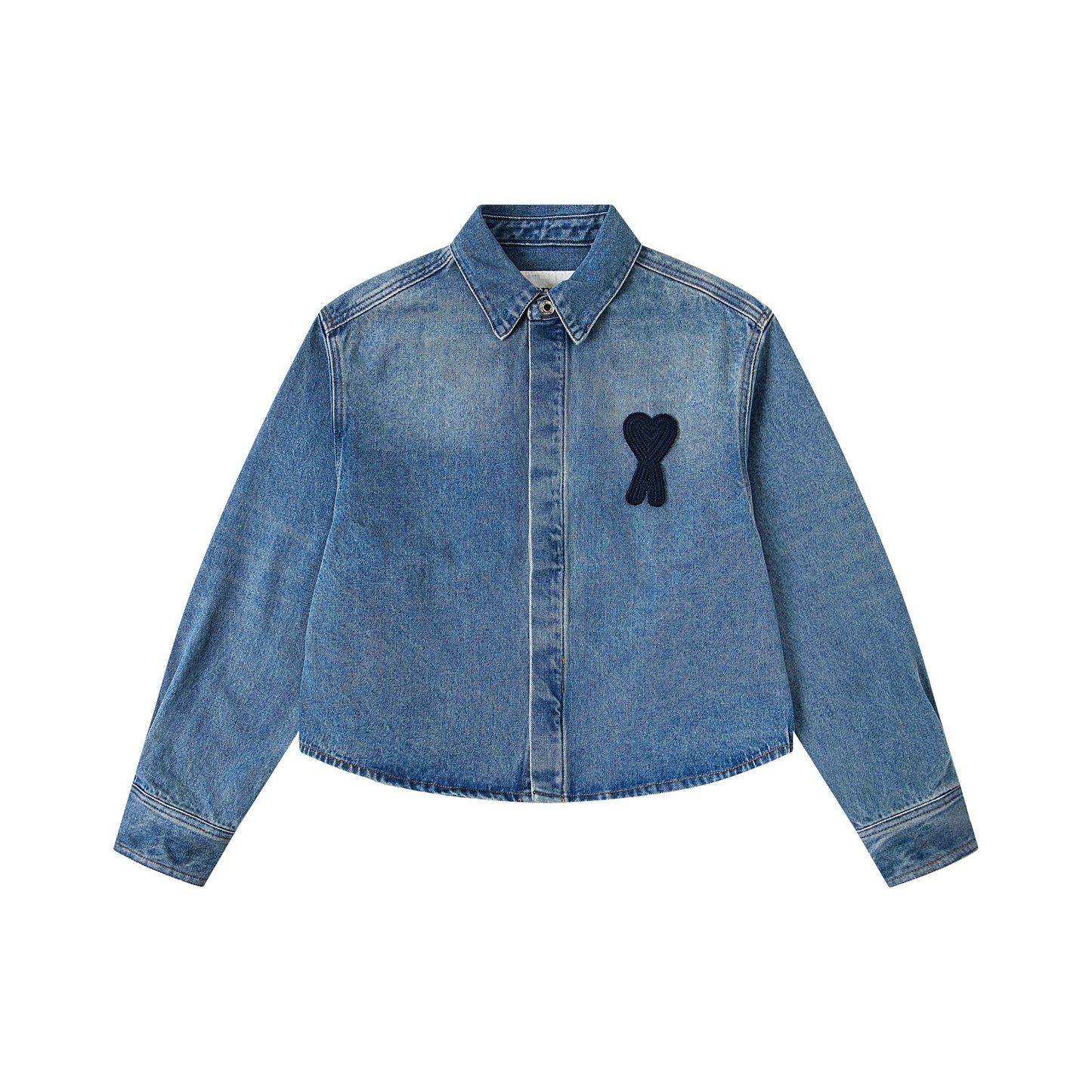 Ami Classic Heart Embroidered Cropped Denim Shirt 847