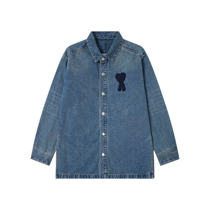 Ami Classic Heart Embroidered Long-Length Denim Shirt 848