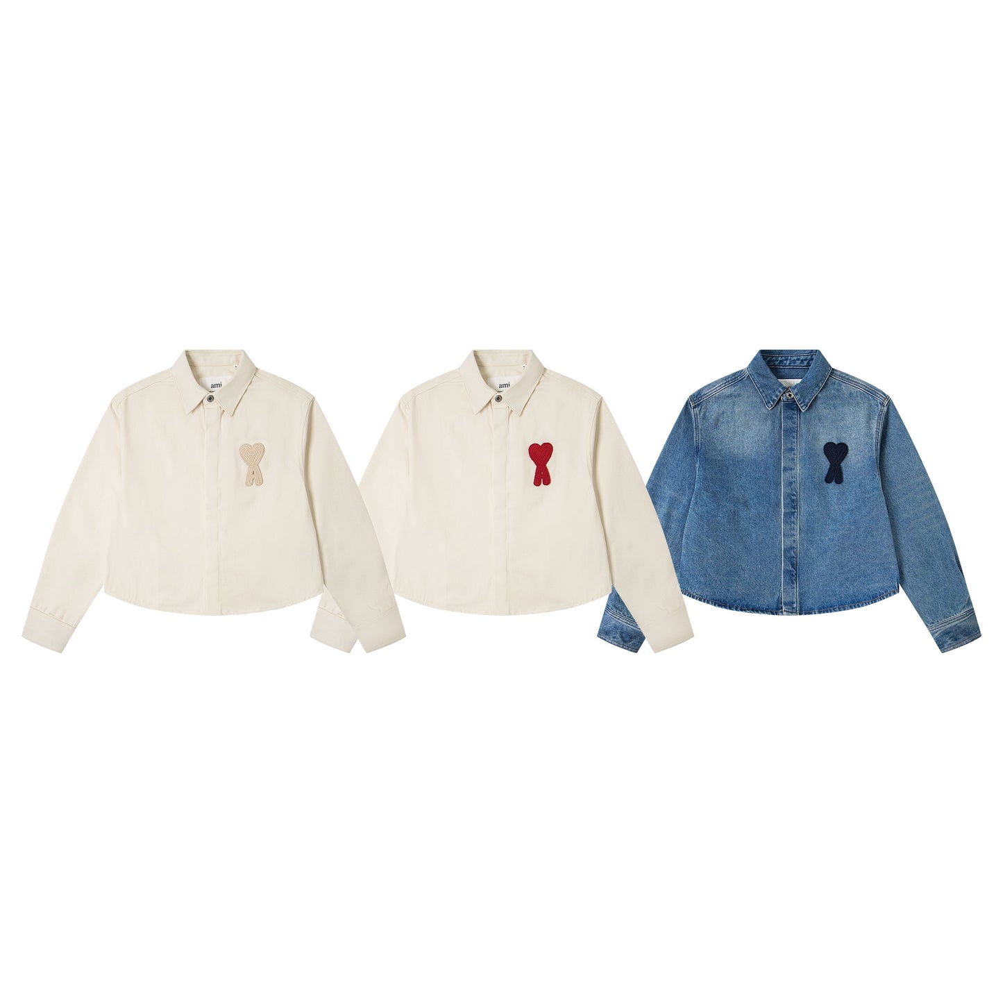Ami Classic Heart Embroidered Cropped Denim Shirt 847
