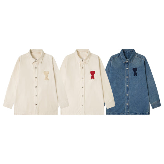 Ami Classic Heart Embroidered Long-Length Denim Shirt 848
