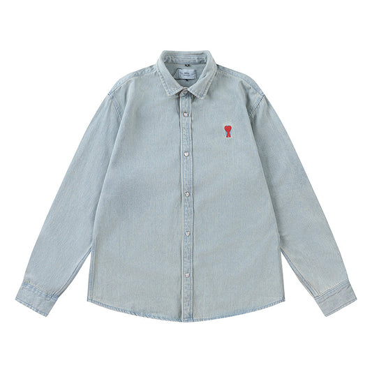 Ami Heart Logo Embroidered Denim Shirt 816